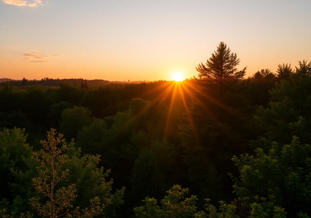 Pôr do sol sobre a floresta onde fica o apiário Fator Mel